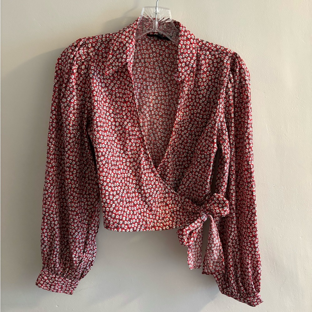 Wednesdays Girl Red Floral Wrap Top